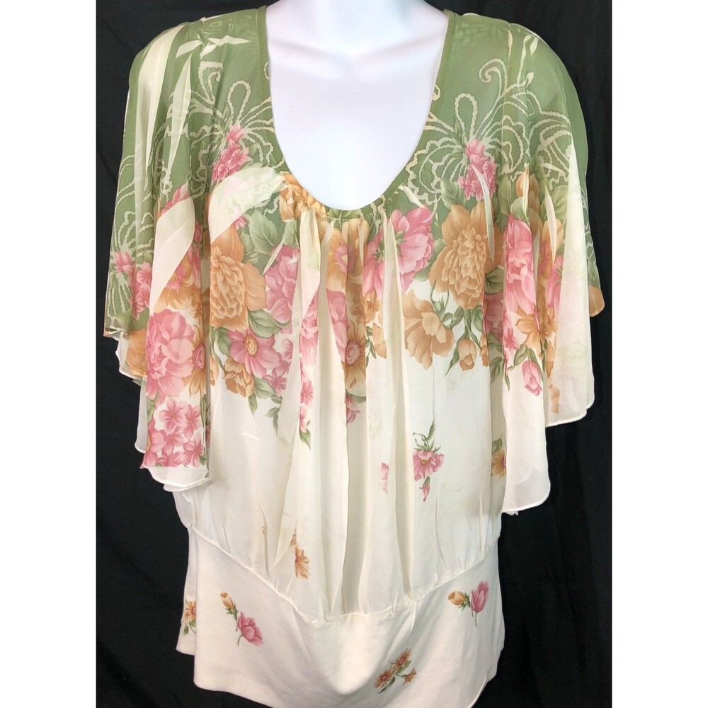 Vintage Chiffon Flowy top L Green Floral Dolman Sleeve Pleats Fairy Romantic